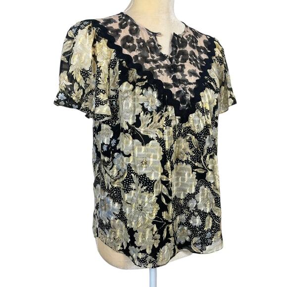 Rebecca Taylor Gold Leaf Top Black Combination Floral Size 0 Feminine Romantic - Picture 7 of 14